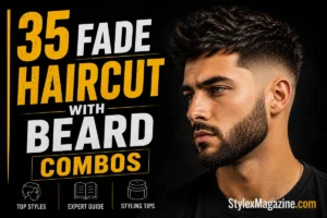 35 Best Fade Haircut with Beard Combos (2026) 30 fade haircuts Beard Styles for Men featured image showing a bearded man with bold yellow and white typography on a black background.