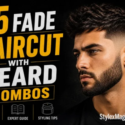 30 fade haircuts Beard Styles for Men featured image showing a bearded man with bold yellow and white typography on a black background.