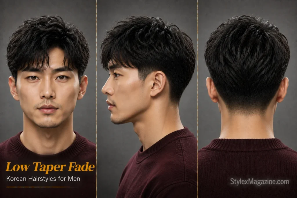 Korean low taper fade haircut for men featuring a textured top, subtle taper around the edges, and clean neckline.