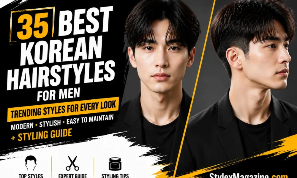 35 best Korean hairstyles for men with modern textured cuts shown on a Korean male model in an editorial style.