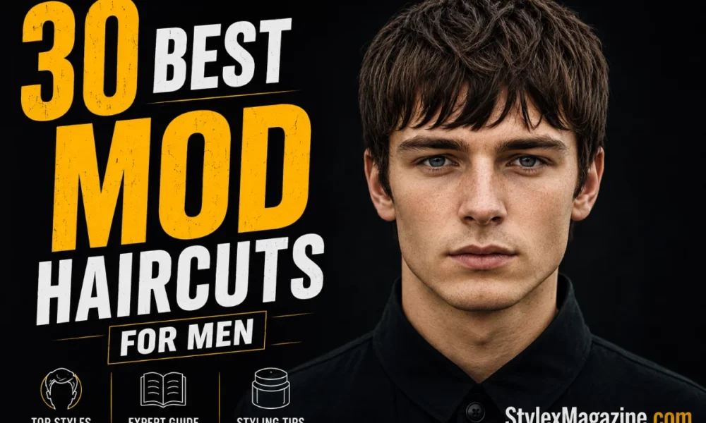 30 best mod haircuts for men featuring a classic British-inspired mod hairstyle with a textured forward fringe and full layered shape.