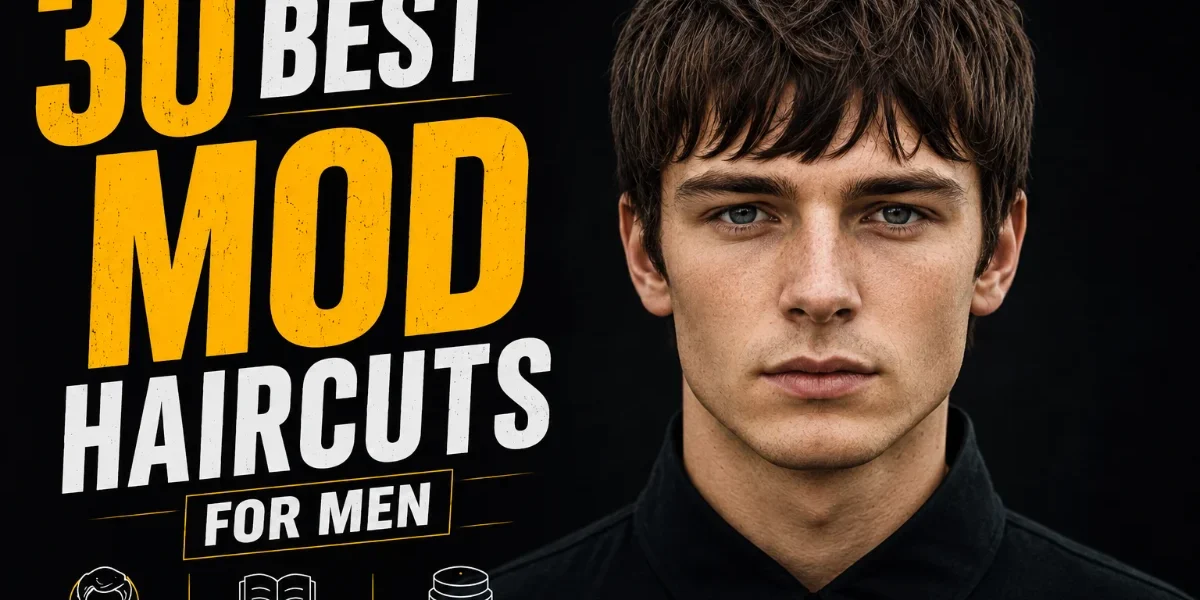 30 Best Mod Haircut Ideas for Men (2026) 30 best mod haircuts for men featuring a classic British-inspired mod hairstyle with a textured forward fringe and full layered shape.