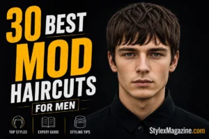 30 Best Mod Haircut Ideas for Men (2026) 30 best mod haircuts for men featuring a classic British-inspired mod hairstyle with a textured forward fringe and full layered shape.