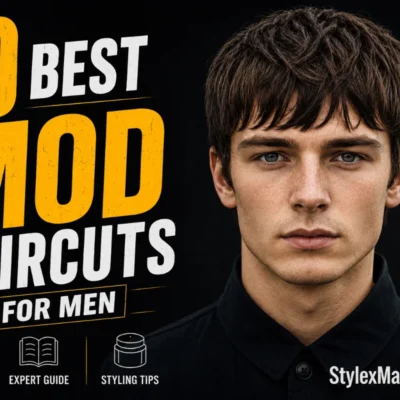 30 best mod haircuts for men featuring a classic British-inspired mod hairstyle with a textured forward fringe and full layered shape.