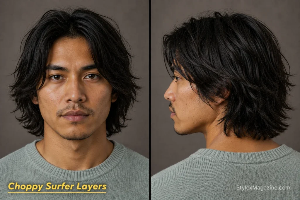Neck-length surfer hair for men with aggressive choppy layering, textured ends and natural air-dried movement.