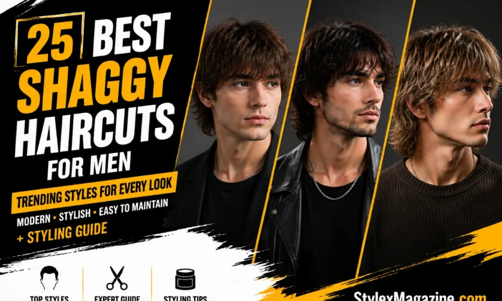 25 best shaggy haircuts for men with layered textured hairstyles shown on male models in a premium StylexMagazine editorial design.