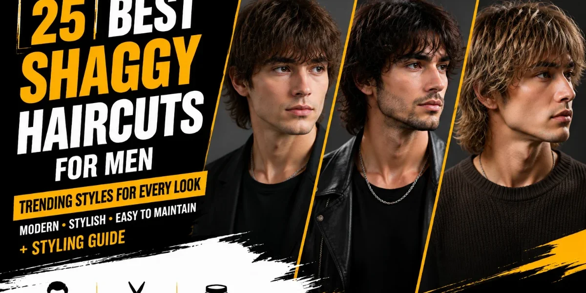 Shaggy Haircuts for Men: 25 Cool Styles, And Barber Tips 25 best shaggy haircuts for men with layered textured hairstyles shown on male models in a premium StylexMagazine editorial design.