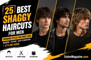 Shaggy Haircuts for Men: 25 Cool Styles, And Barber Tips 25 best shaggy haircuts for men with layered textured hairstyles shown on male models in a premium StylexMagazine editorial design.