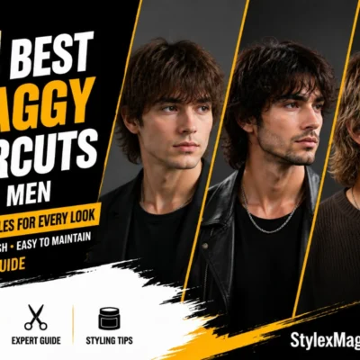 25 best shaggy haircuts for men with layered textured hairstyles shown on male models in a premium StylexMagazine editorial design.