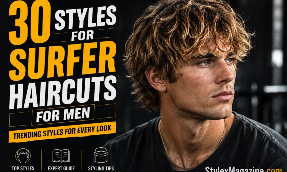 30 surfer haircuts for men featuring a tousled medium-length surfer hairstyle with textured layers, natural movement, and sun-kissed highlights.