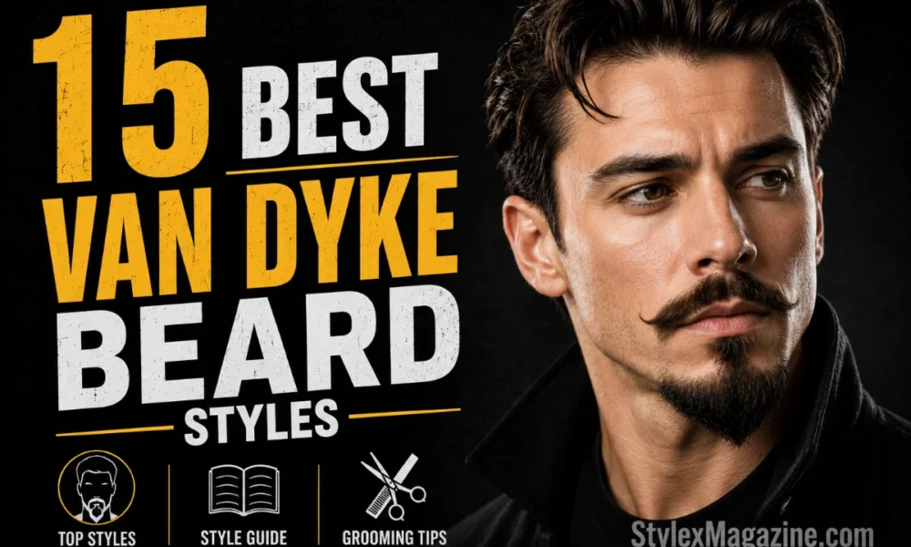 15 Best Van Dyke Beard Styles featured image showing a man with a classic Van Dyke beard and styled hair, with bold yellow and white typography on a black background.