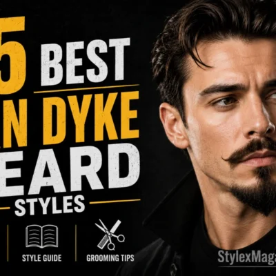 15 Best Van Dyke Beard Styles featured image showing a man with a classic Van Dyke beard and styled hair, with bold yellow and white typography on a black background.