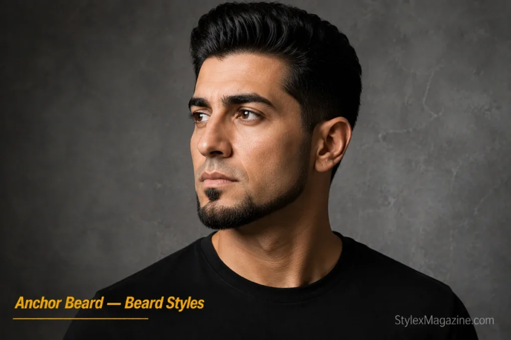 Man with an anchor beard showing pointed chin and soul patch with no mustacheAnchor beard without mustache. Chin point, soul patch, clean lip.
