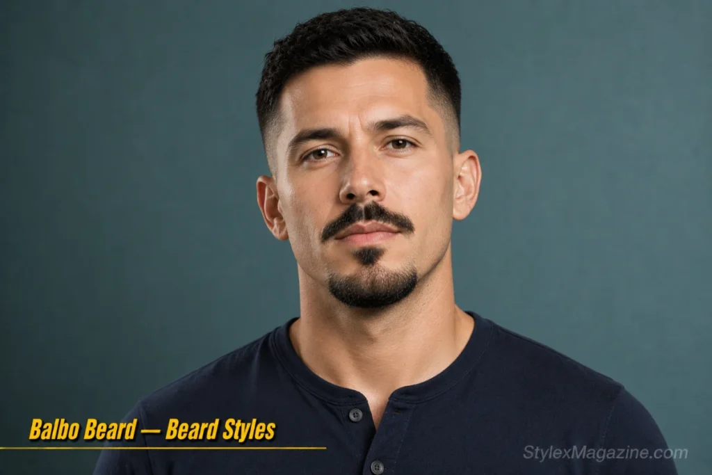 Man with a Balbo beard showing disconnected mustache, soul patch, and chin beard with clean cheeks