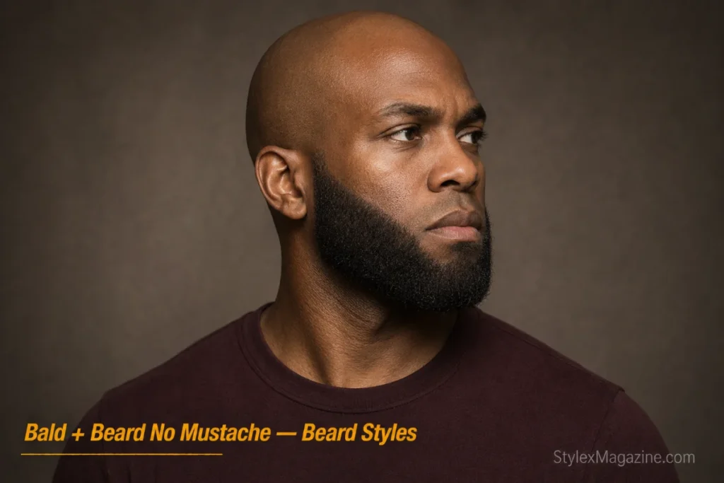 Bald man with a full jaw beard and clean-shaven upper lip