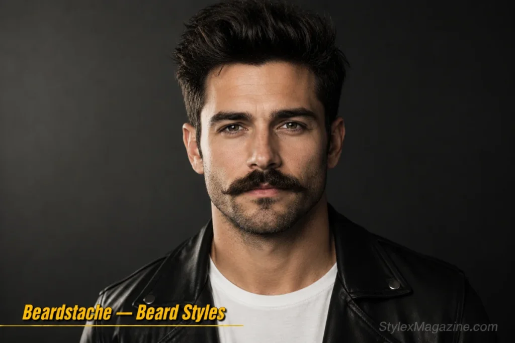Man with a beardstache showing a thick prominent mustache over short stubble on the chin and cheeks