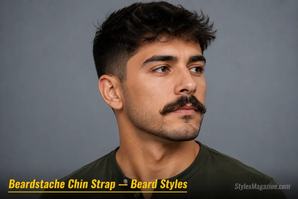 Man with a chin strap and thick prominent mustache, stubble-length strap with fuller mustache above