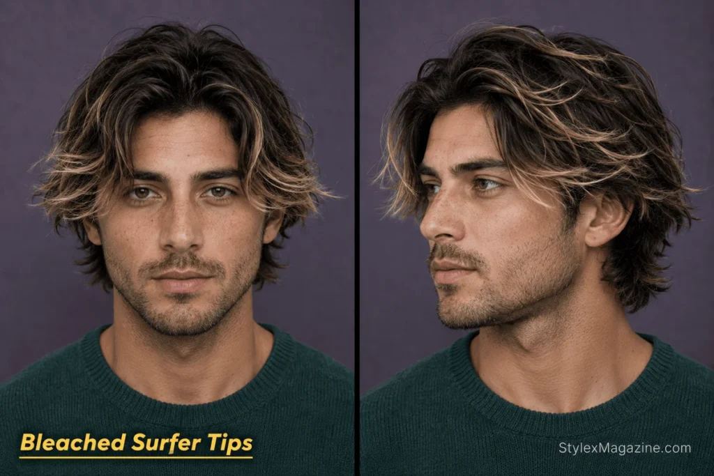Medium surfer hair for men with a dark base and naturally graduated bleached tips concentrated around the face and crown.