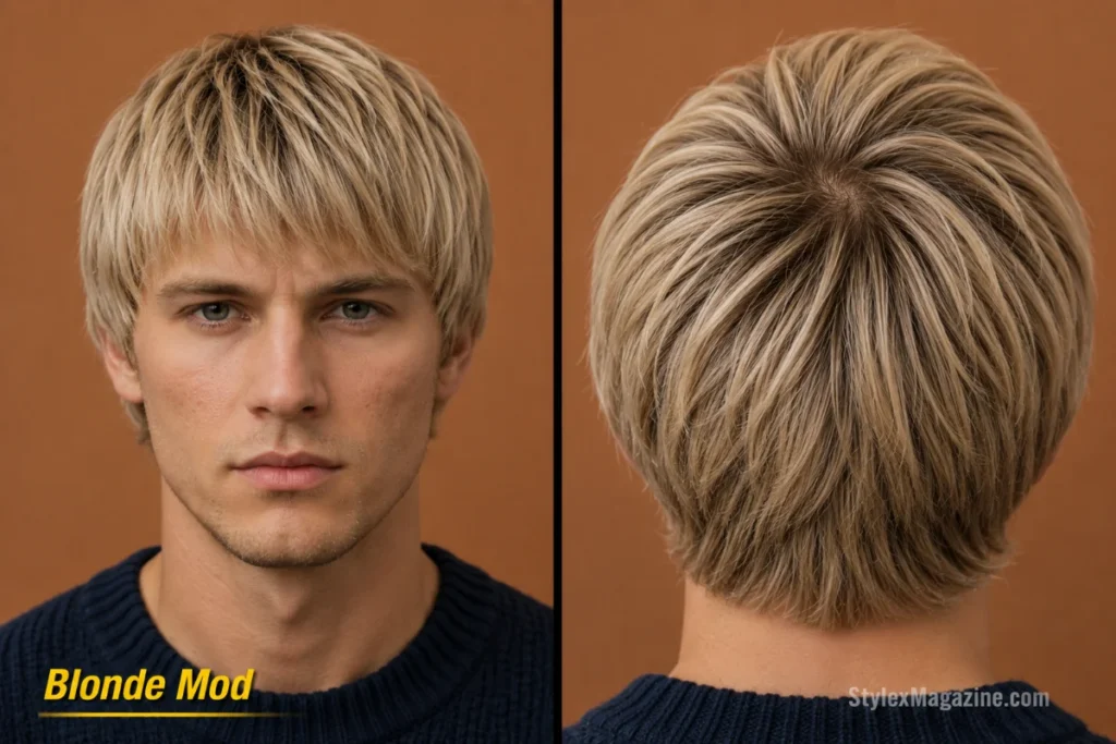 Blonde mod haircut with layered three-inch top, forward fringe, and visible strand separation.