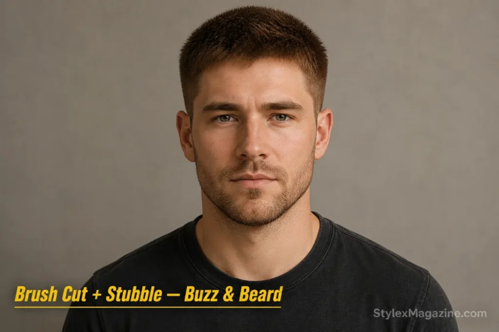 Man with a brush cut and heavy stubble in a casual effortless look