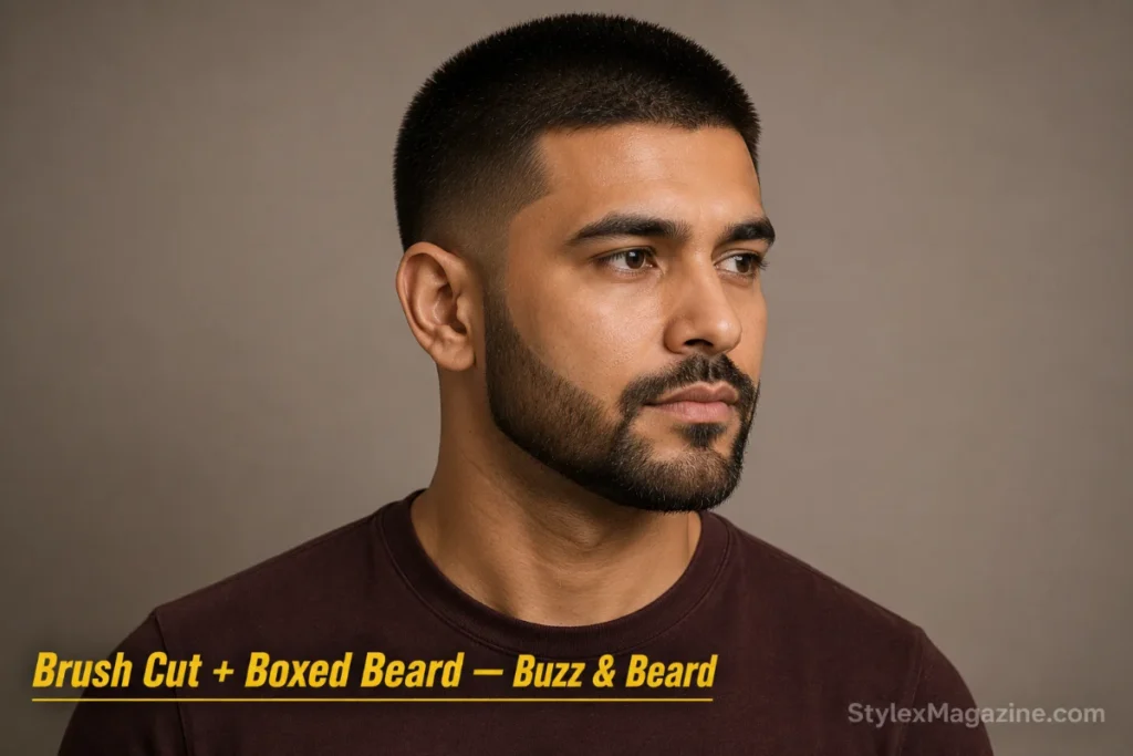 Man with a brush cut and short boxed beard with geometric edges