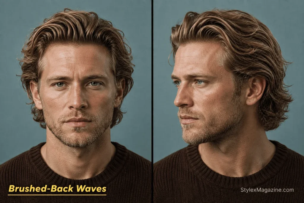 Brushed-back beach waves for men with medium wavy length, lifted roots and a matte windswept finish.