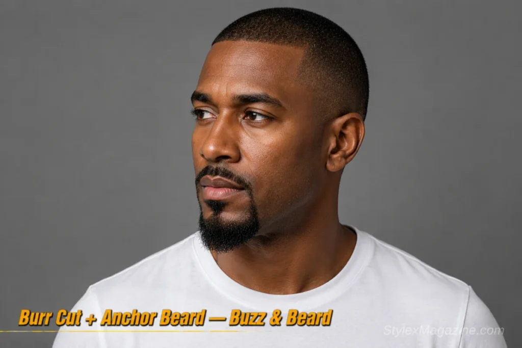 Man with a burr cut and anchor beard showing pointed chin with no mustache