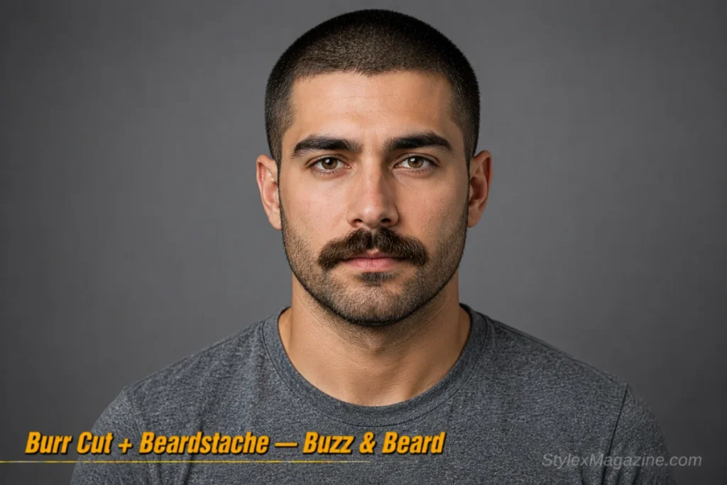 Man with a burr cut and beardstache showing thick mustache over light stubble