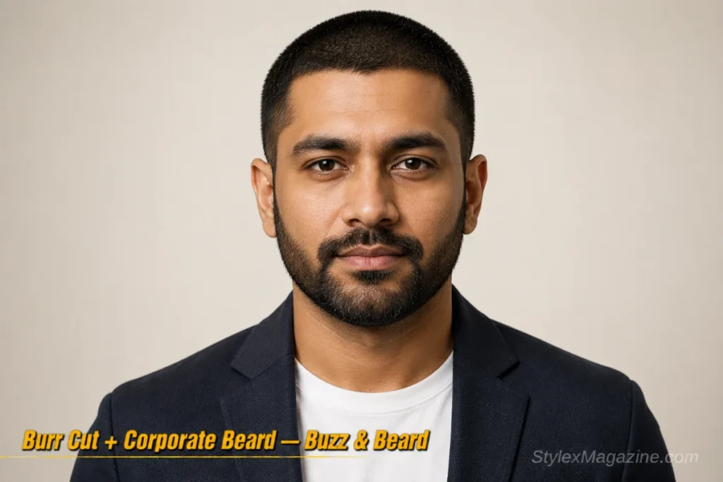 Man with a burr cut and corporate beard with natural soft cheek line