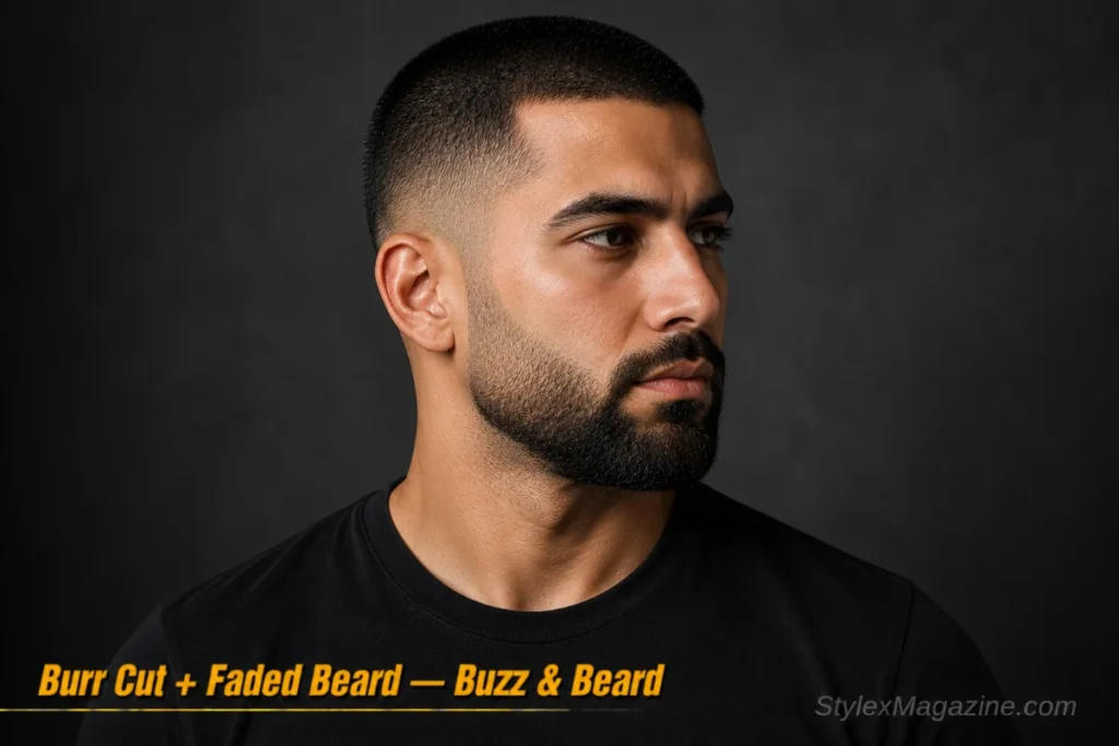 Man with a burr cut and faded beard showing matched gradients from chin to sideburns
