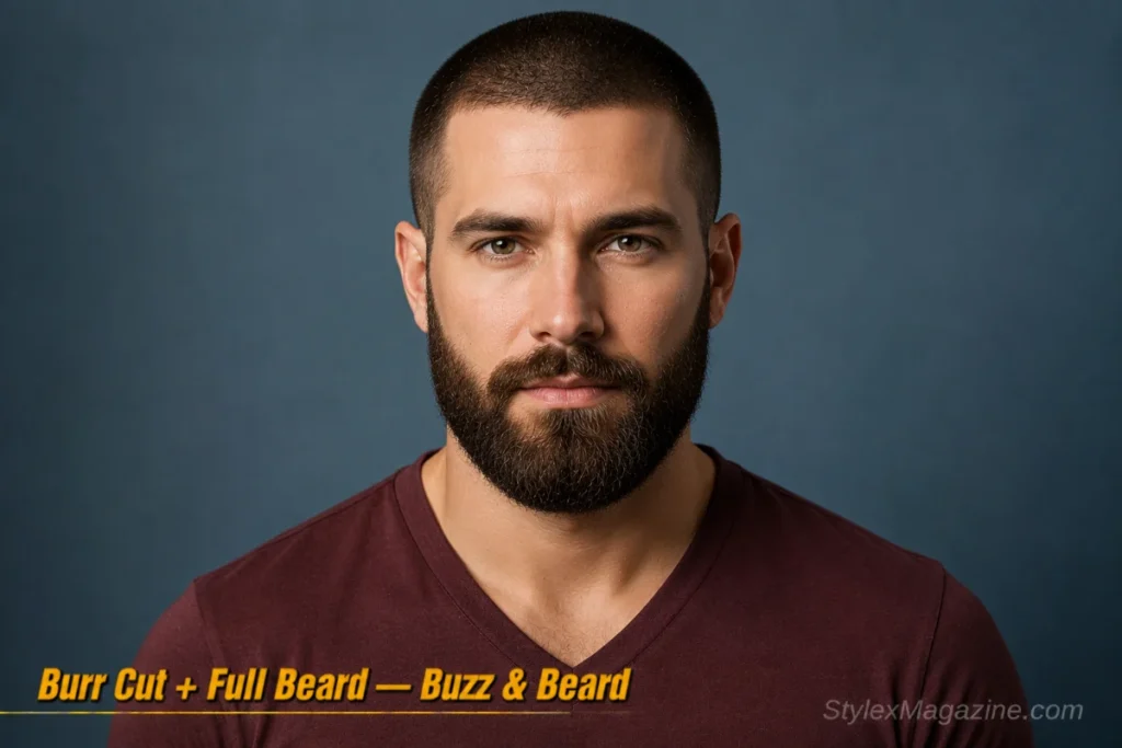 Man with a burr cut and full beard showing strong head to beard contrast