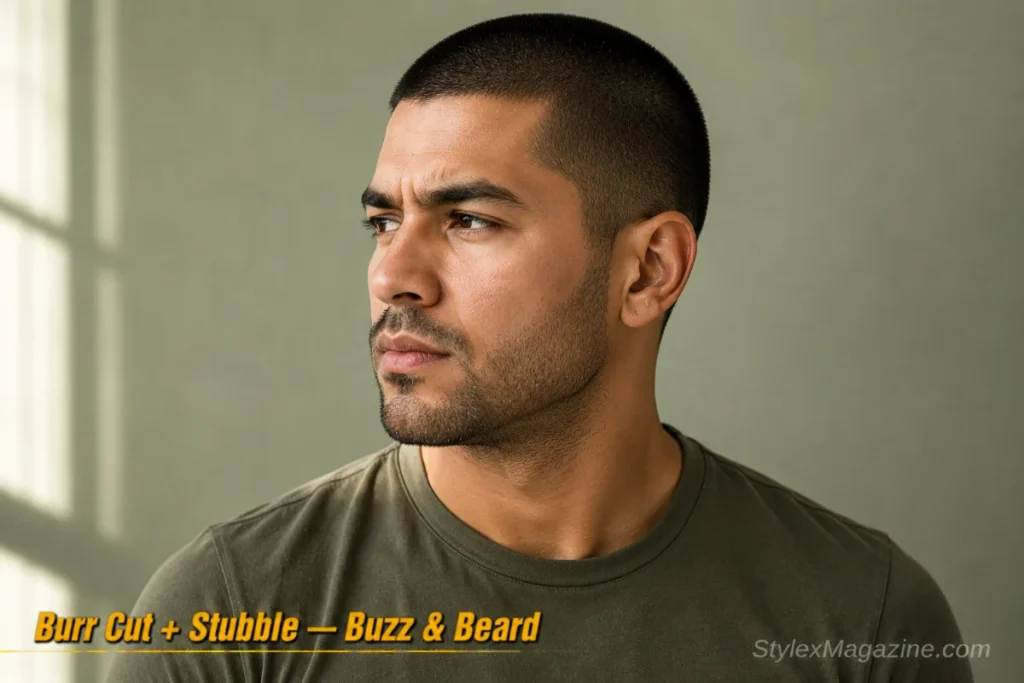 Man with a burr cut and heavy stubble at matching lengths for a uniform look