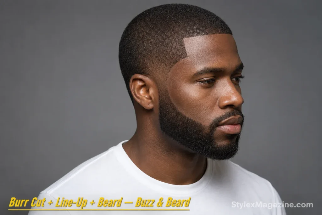 Black man with a burr cut, line-up, and short coily beard with precise edges