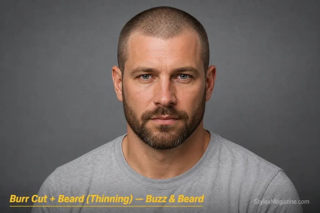 Man with thinning crown hair at burr cut length and a medium beard