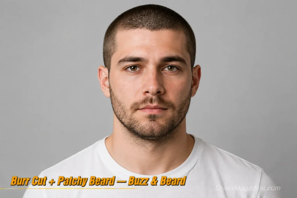 Man with a burr cut and patchy beard at stubble length with chin-focused density