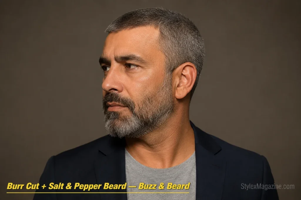 Older man with a burr cut and salt and pepper full beard with sharp edges