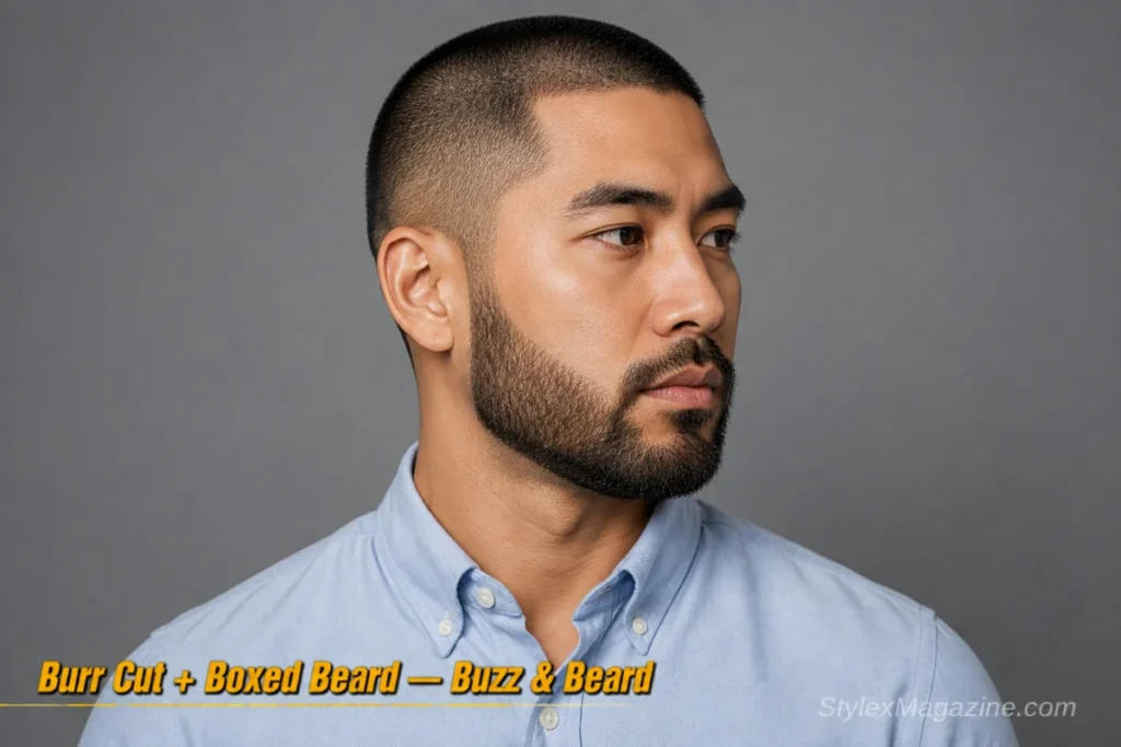Man with a burr cut and short boxed beard showing geometric edges