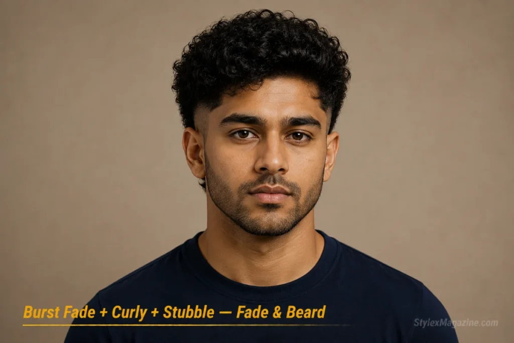 Man with curly hair and burst fade paired with stubble