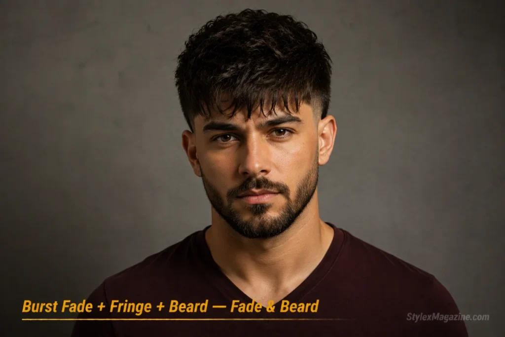 Man with a textured fringe and burst fade paired with a medium beard 