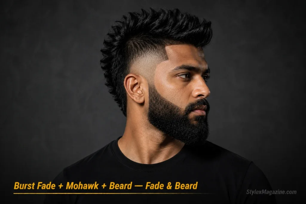 Man with a mohawk and burst fade paired with a full beard