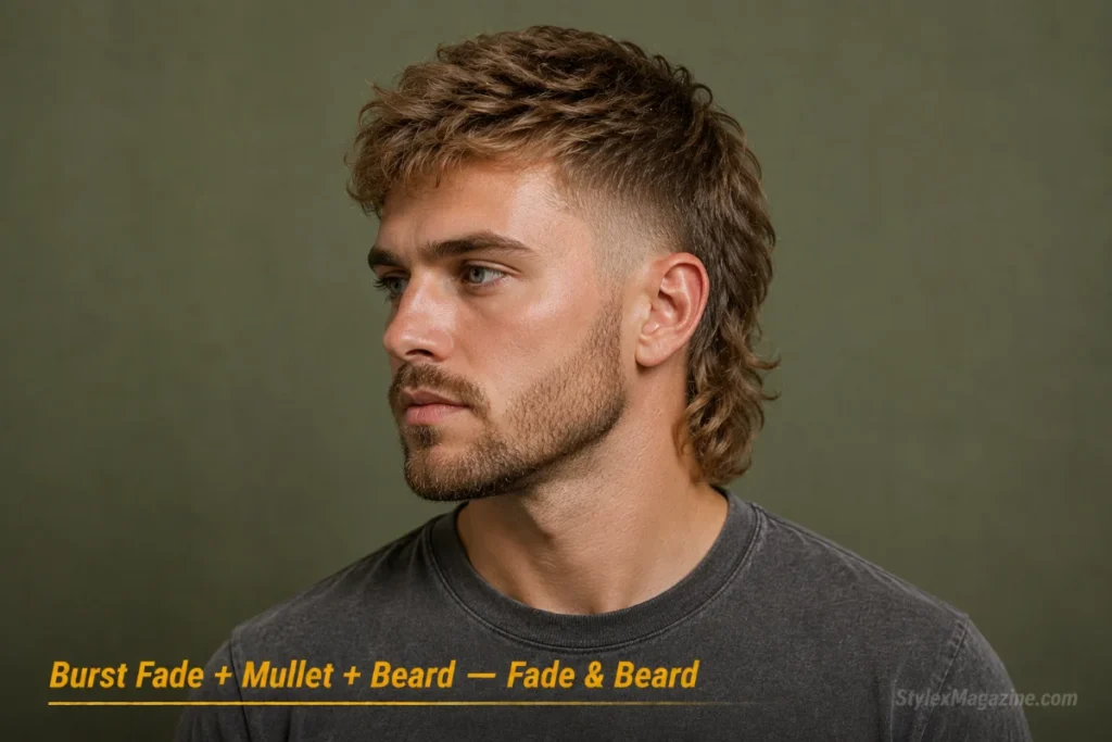  Man with a modern mullet and burst fade paired with a short beard