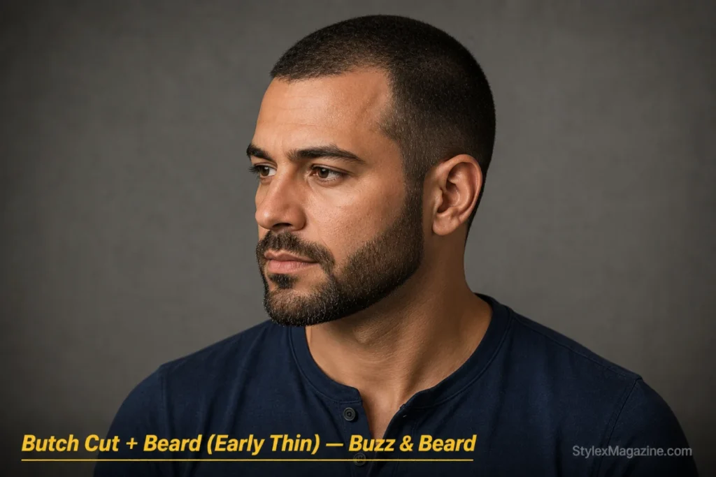 Man with early thinning hair in a butch cut and short boxed beard