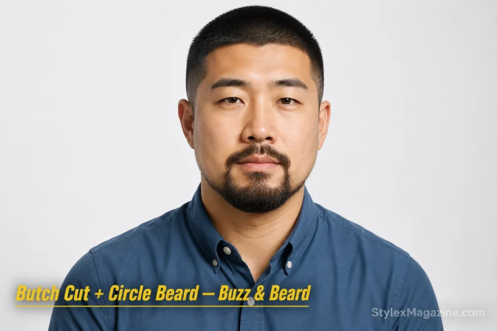 Man with a butch cut and circle beard showing rounded goatee connected to mustache