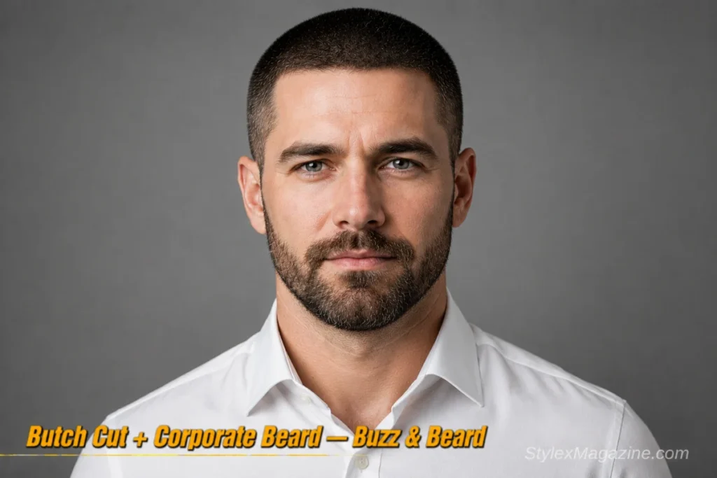 Man with a butch cut and corporate beard in a professional setting