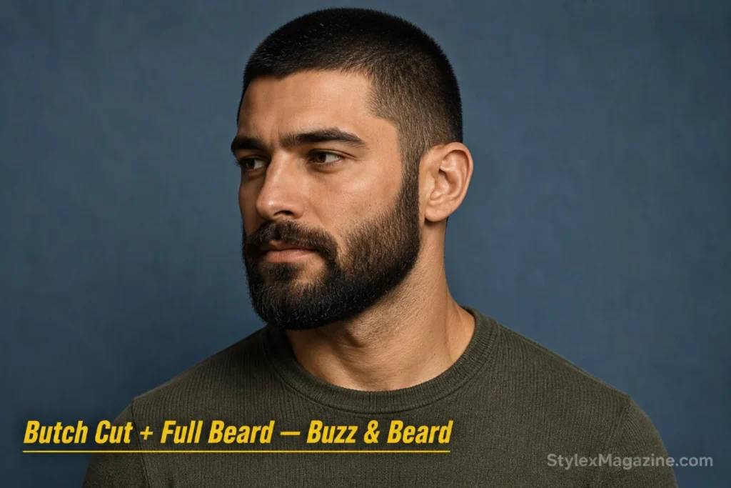 Man with a butch cut and full beard in a casual masculine look
