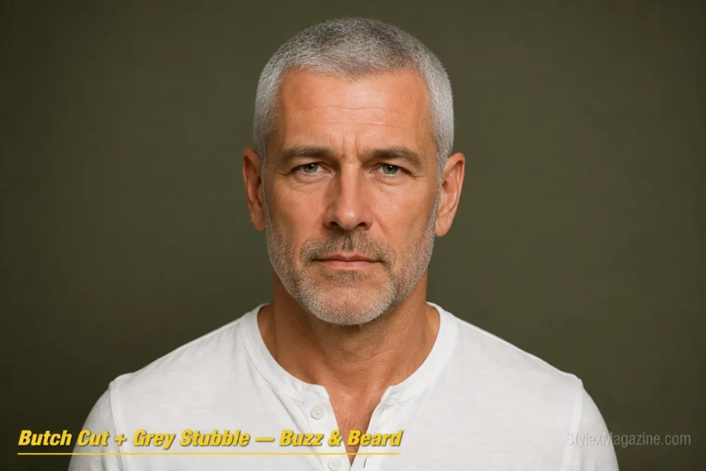 Older man with a grey butch cut and matching grey stubble