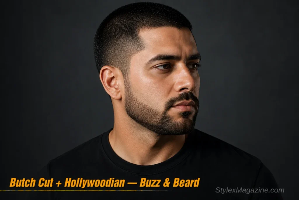 Man with a butch cut and Hollywoodian beard covering chin and jaw with clean cheeks