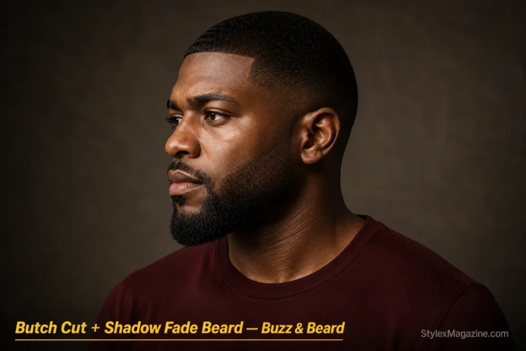 Black man with a butch cut and shadow fade coily beard showing gradient density