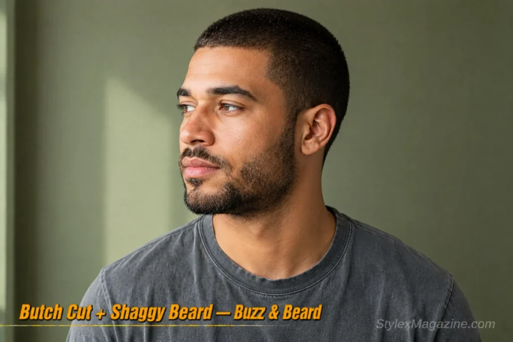 Man with a butch cut and short shaggy beard with natural texture