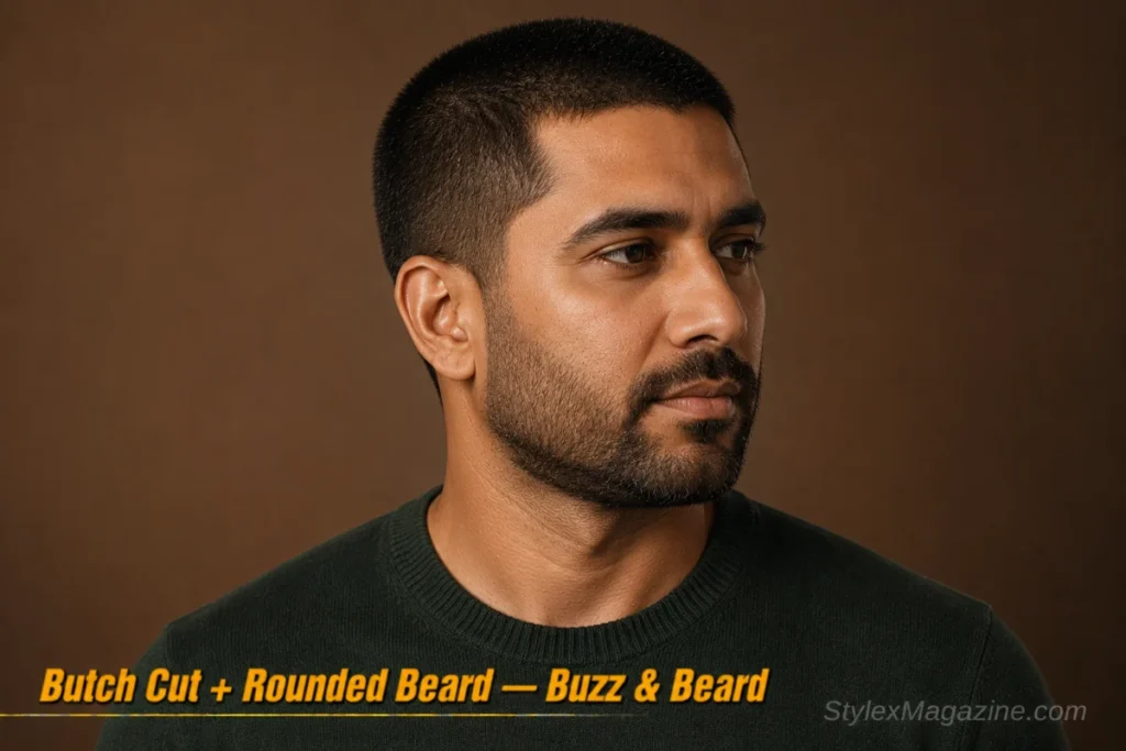 Man with a butch cut and short rounded beard with soft curved edges